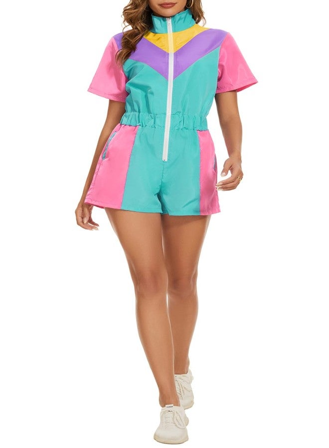 Yisfri Women 80's 90's Retro One Piece Zipper Jumpsuit Theme Party Outfits Windbreaker Rompers Tracksuit (Cyan, S) - Image 5